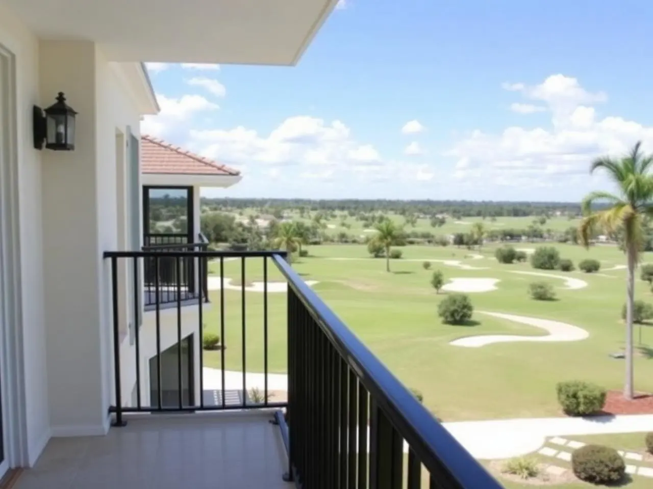 Aluminum balcony railing repair on Palm Beach Gardens second story with freshly re-finished black railing